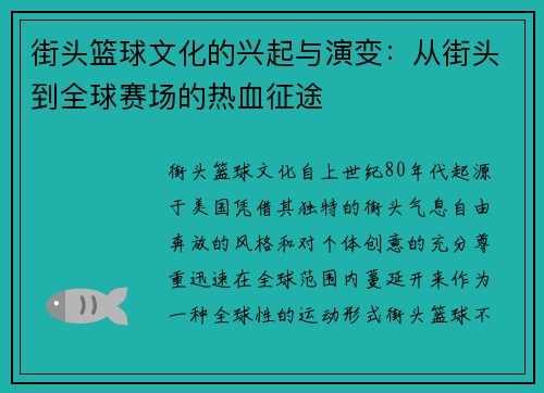 街头篮球文化的兴起与演变：从街头到全球赛场的热血征途