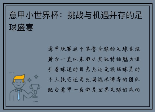 意甲小世界杯：挑战与机遇并存的足球盛宴