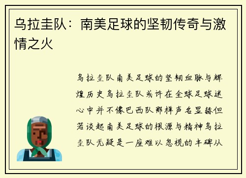 乌拉圭队：南美足球的坚韧传奇与激情之火
