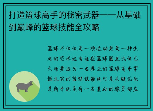 打造篮球高手的秘密武器——从基础到巅峰的篮球技能全攻略
