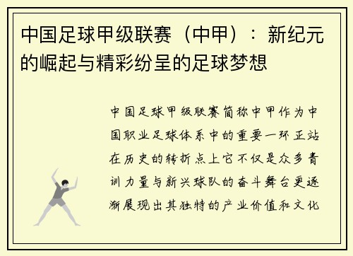 中国足球甲级联赛（中甲）：新纪元的崛起与精彩纷呈的足球梦想