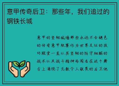 意甲传奇后卫：那些年，我们追过的钢铁长城