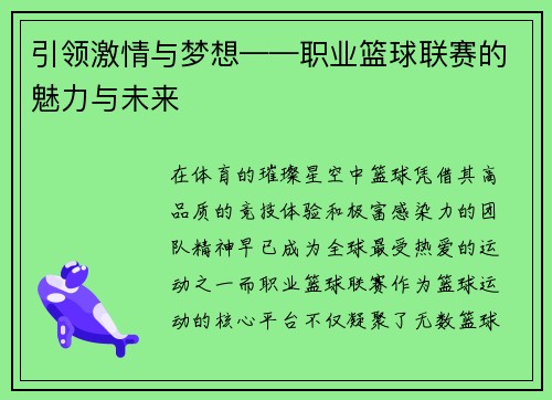 引领激情与梦想——职业篮球联赛的魅力与未来