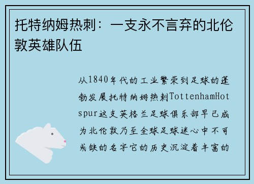 托特纳姆热刺：一支永不言弃的北伦敦英雄队伍